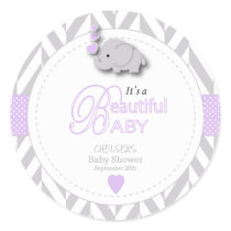 Lavender, White Gray Elephant Baby Shower Classic Round Sticker