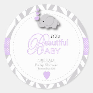 Lavender, White Gray Elephant Baby Shower Classic Round Sticker