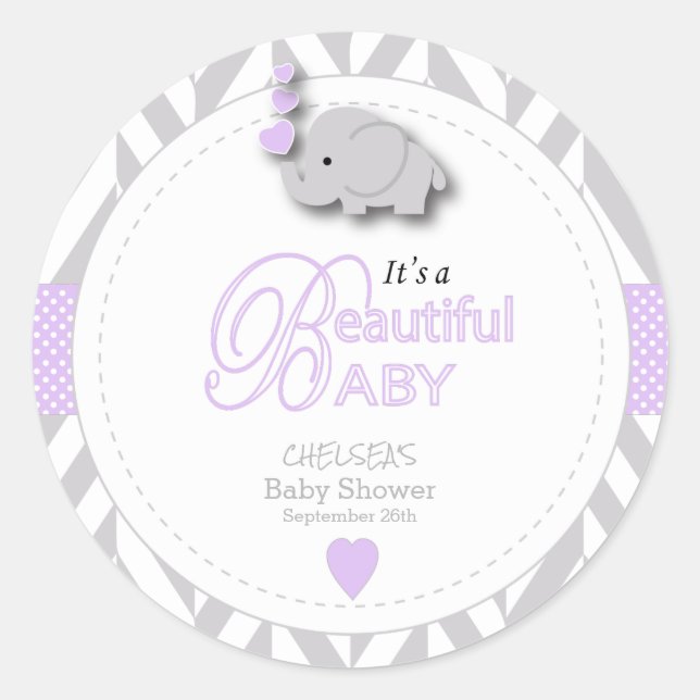 Lavender, White Gray Elephant Baby Shower Classic Round Sticker (Front)