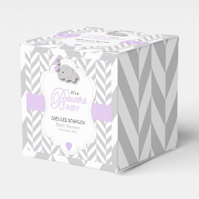 Lavender, White Gray Elephant Baby Shower Favor Boxes (Front Side)