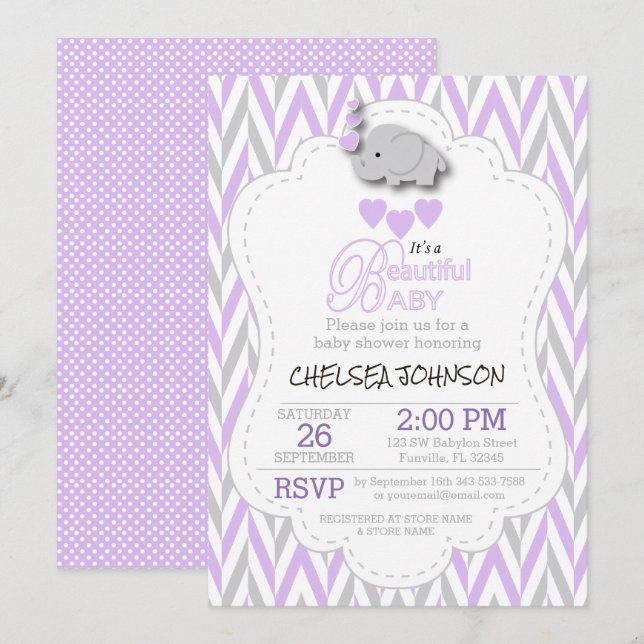 Lavender, White & Gray Elephant Baby Shower Invitation (Front/Back)