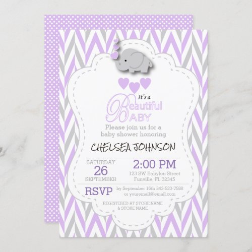 Lavender White  Gray Elephant Baby Shower Invitation