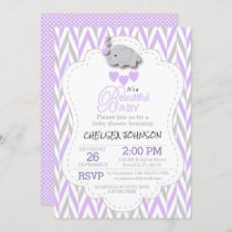 Lavender, White & Gray Elephant Baby Shower Invitation