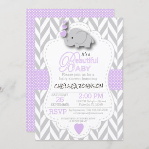 Lavender, White Gray Elephant 🐘 Baby Shower Invitation