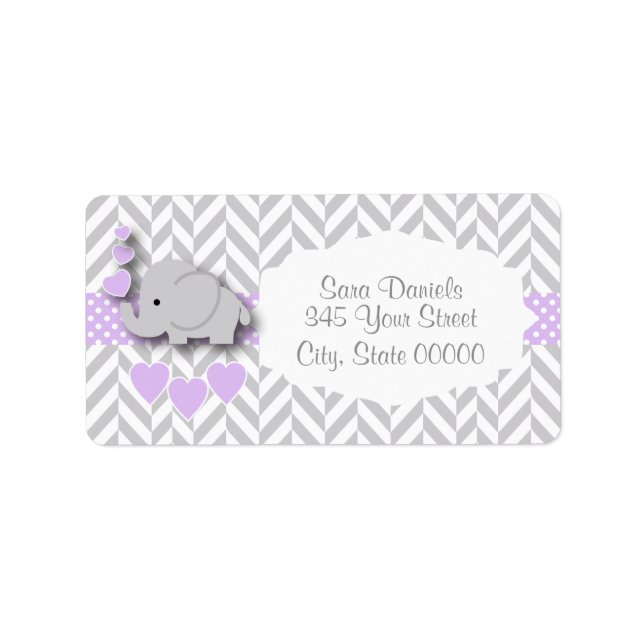 Lavender, White Gray Elephant Baby Shower Label (Front)