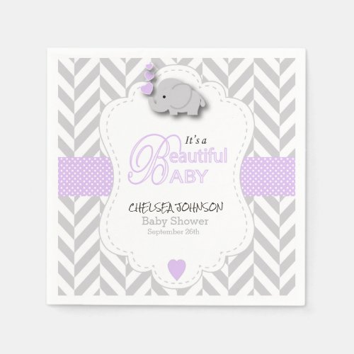 Lavender White Gray Elephant Baby Shower Paper Napkins