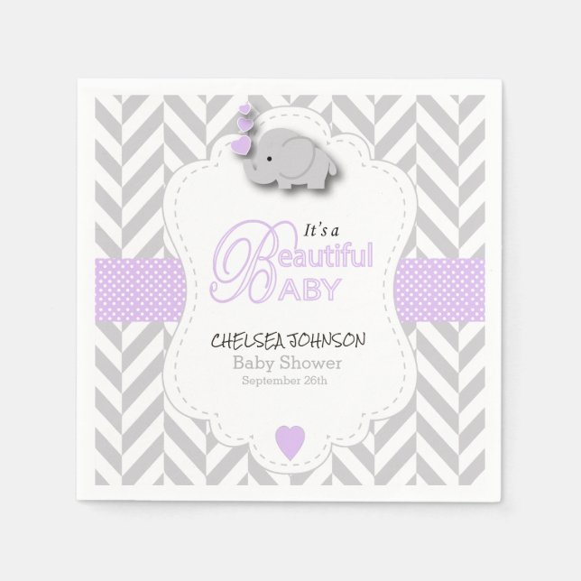 Lavender, White Gray Elephant Baby Shower Paper Napkins (Front)
