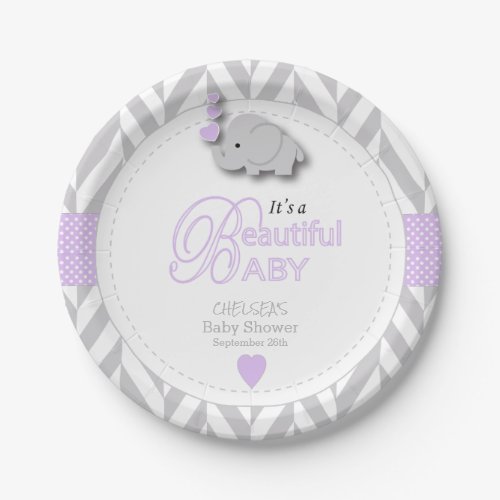 Lavender White Gray Elephant Baby Shower Paper Plates