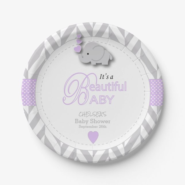 Lavender, White Gray Elephant Baby Shower Paper Plates (Front)