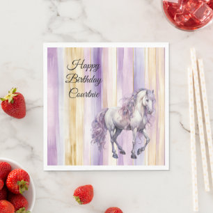 Lavender White Horse Stripes Birthday Napkins