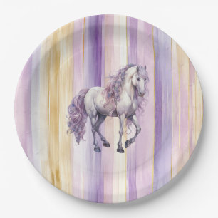 Lavender White Horse Stripes Birthday Paper Plates