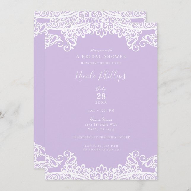 Lavender & White Lace Elegant Bridal Shower  Invitation (Front/Back)