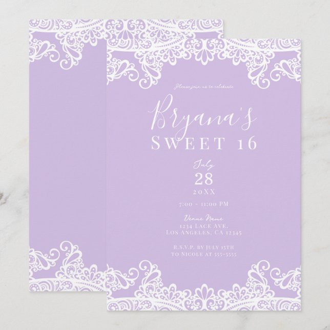 Lavender & White Lace Elegant Sweet 16 Party    Invitation (Front/Back)