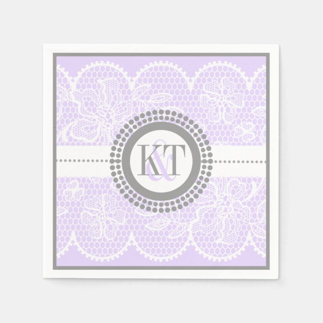Lavender, white lace pattern wedding napkins (Front)