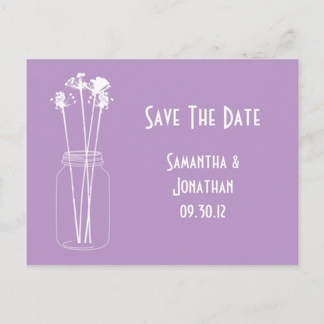Lavender White Mason Jar Wildflowers Save The Date Announcement Postcard (Front)
