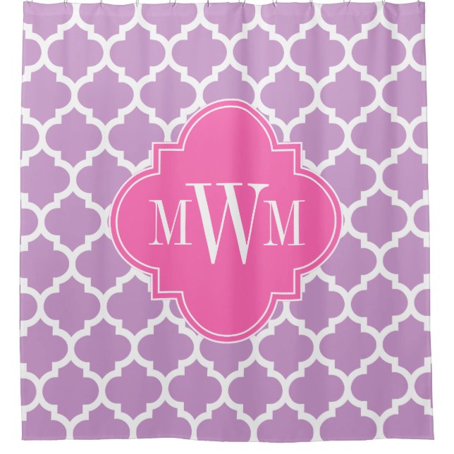 Lavender White Moroccan #5 Hot Pink 3I Monogram Shower Curtain (Front)