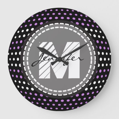 Lavender  White Polka Dots Pattern Monogram Large Clock