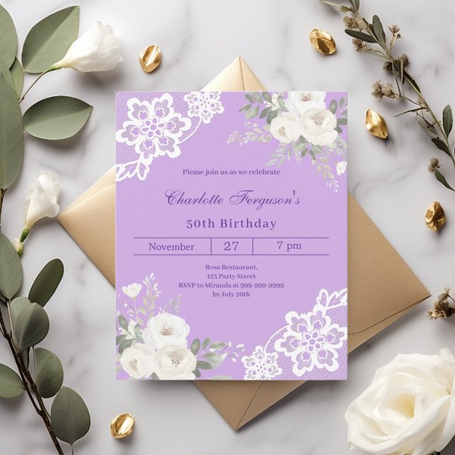 Lavender white roses lace birthday invitation (Creator Uploaded)