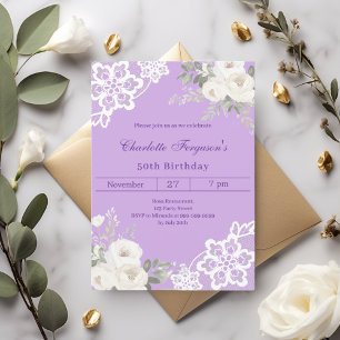 Lavender white roses lace birthday invitation