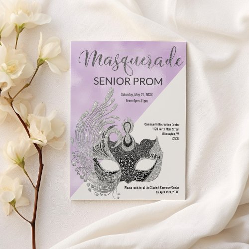 Lavender white silver glitter Masquerade Prom  Invitation