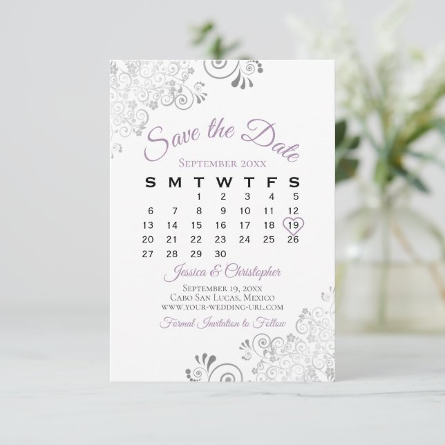 Lavender & White Simple Elegant Wedding Calendar Save The Date (Standing Front)