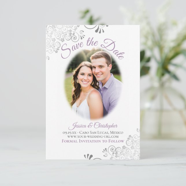 Lavender & White Simple Elegant Wedding Oval Photo Save The Date (Standing Front)