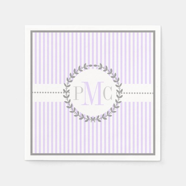 Lavender, white striped pattern wedding napkins (Front)