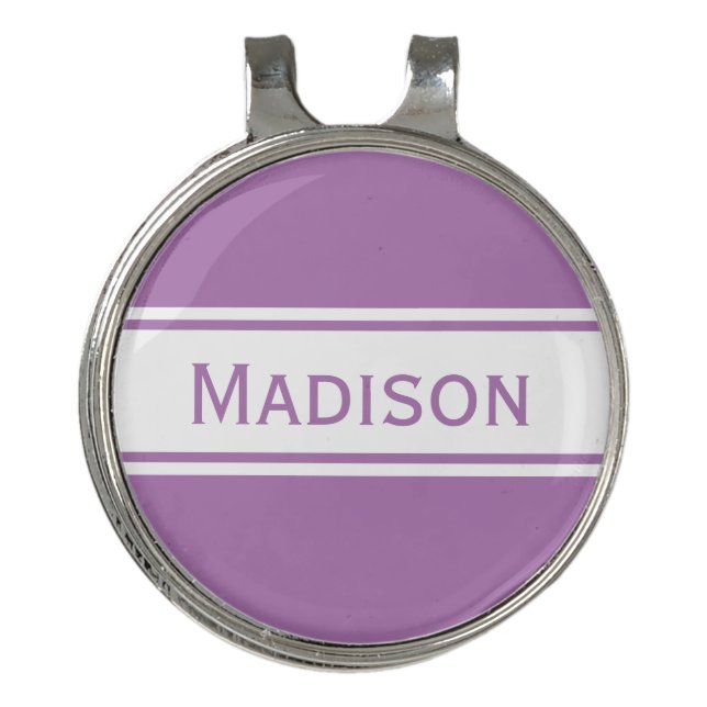 Lavender White Stripes Modern Name Golf Hat Clip (Front)