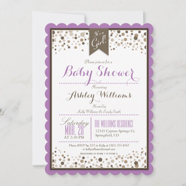 Lavender, White, & Taupe Confetti Baby Shower Invitation (Front)