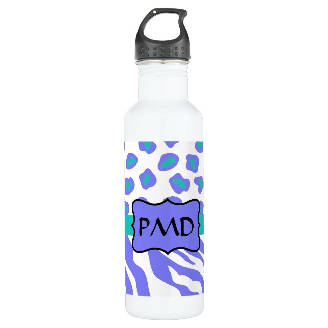Lavender, White & Teal Zebra & Cheetah Personalize Water Bottle (Front)