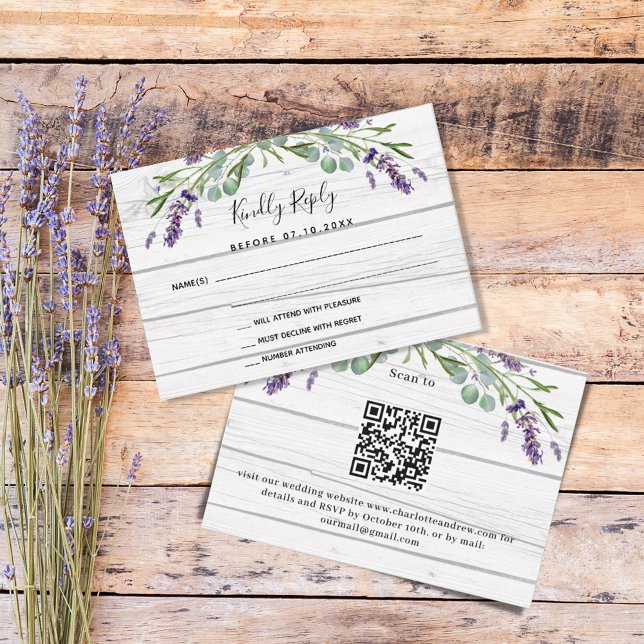 Lavender white wood QR code wedding response RSVP Note Card (Creator Uploaded)