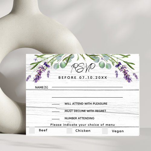 Lavender white wood wedding menu RSVP response