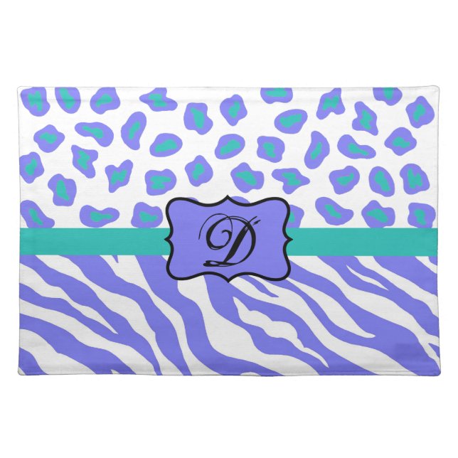 Lavender White Zebra Leopard Skin Monogram Initial Cloth Placemat (Front)