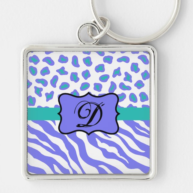 Lavender White Zebra Leopard Skin Monogram Initial Keychain (Front)