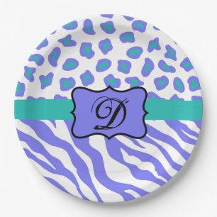 Lavender White Zebra Leopard Skin Monogram Initial Paper Plates