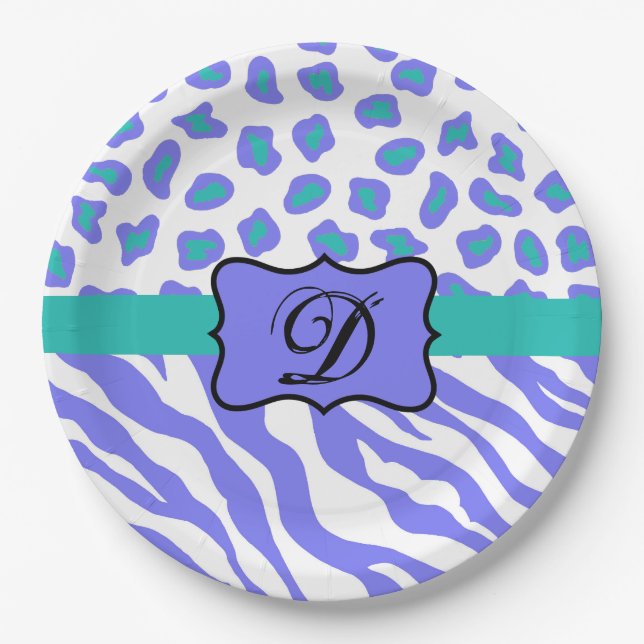 Lavender White Zebra Leopard Skin Monogram Initial Paper Plates (Front)
