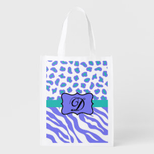Lavender White Zebra Leopard Skin Monogram Initial Reusable Grocery Bag