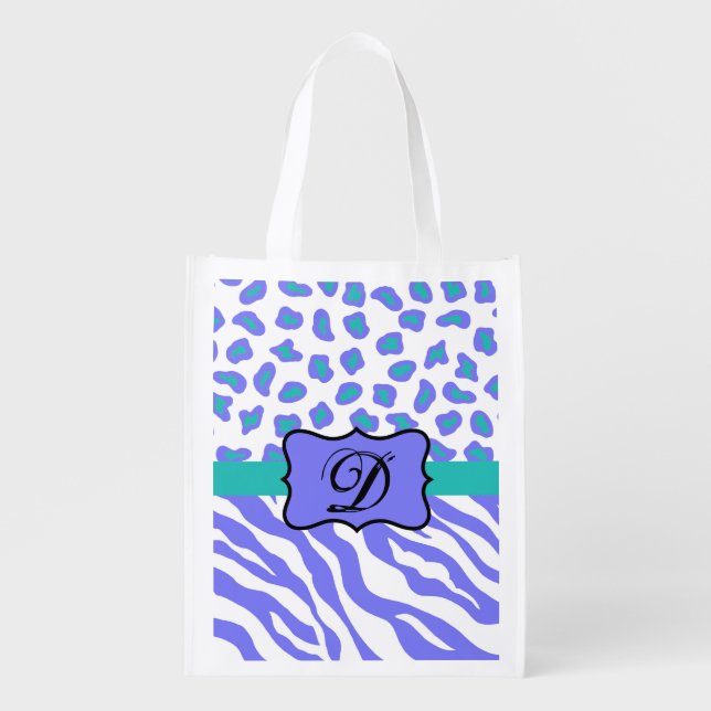 Lavender White Zebra Leopard Skin Monogram Initial Reusable Grocery Bag (Front)