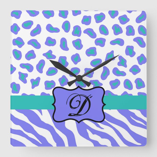Lavender White Zebra Leopard Skin Monogram Initial Square Wall Clock (Front)