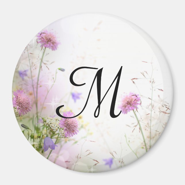 Lavender Wild Flowers Monogram Initial Magnet (Front)