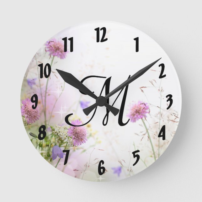 Lavender Wild Flowers Monogram Initial Wall Clock (Front)