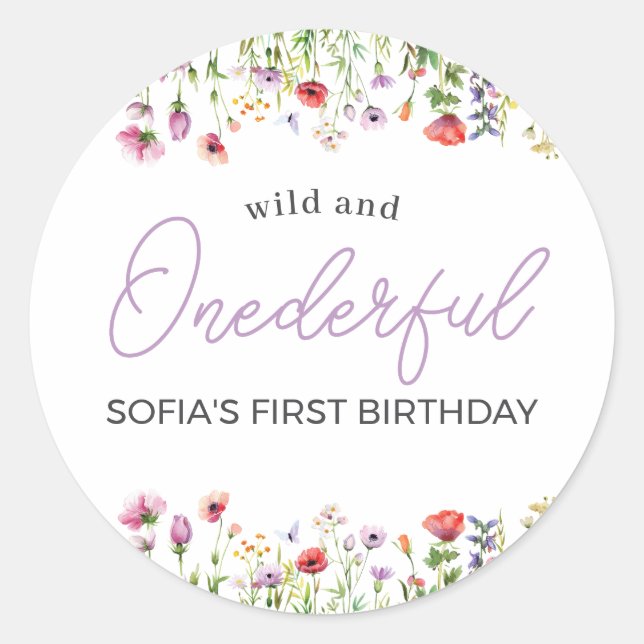 Lavender Wildflower 1st Birthday Classic Round Sticker (Front)