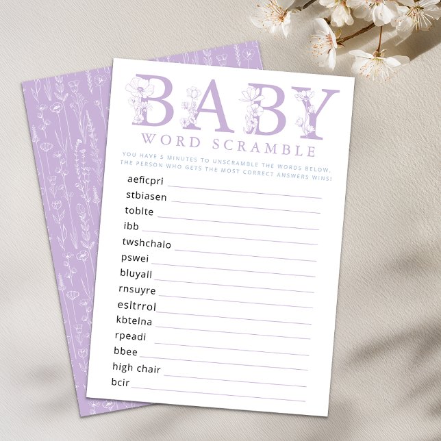 Lavender Wildflower Baby Shower Word Game Card (Baby Shower Game - Lavender)