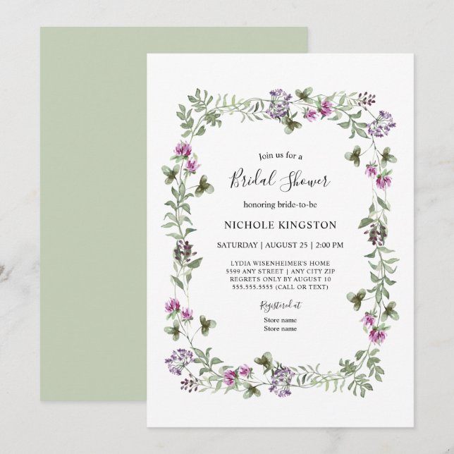 Lavender Wildflower Frame Bridal Shower Invitation (Front/Back)