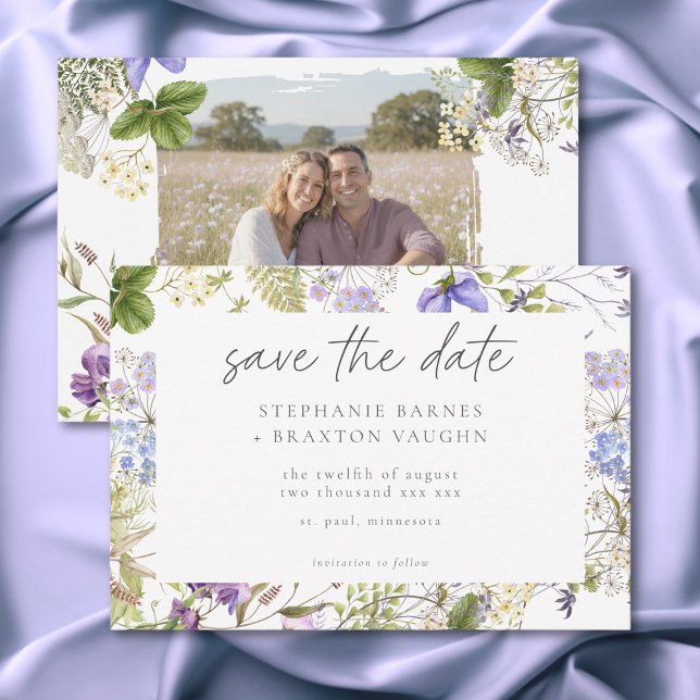 Lavender Wildflower Garden White Romantic Photo Save The Date (Lavender Wildflower Garden White Romantic Photo Save The Date)