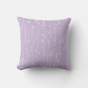 Lavender Wildflower Line Art Floral Throw Pillow
