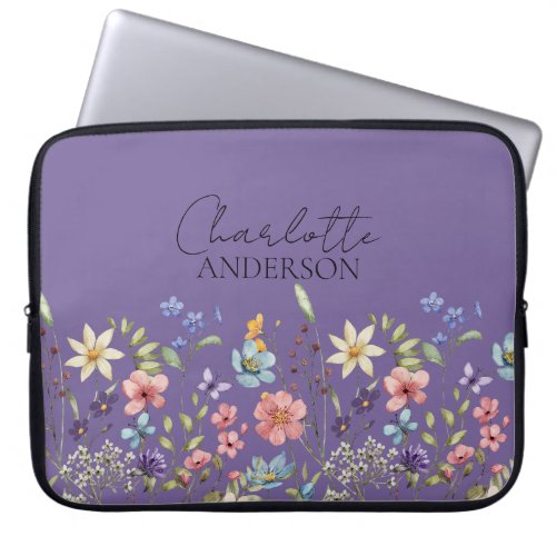 Lavender Wildflower Name Monogram  Laptop Sleeve