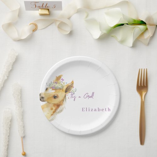 Lavender Wildflower Pony Its a Girl Baby Shower Paper Plates