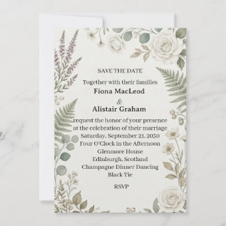 Lavender Wildflower White Rose Save the Date Invit Invitation