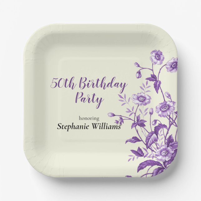 Lavender Wildflower Women's 50th Birthday Party Paper Plates (Front)